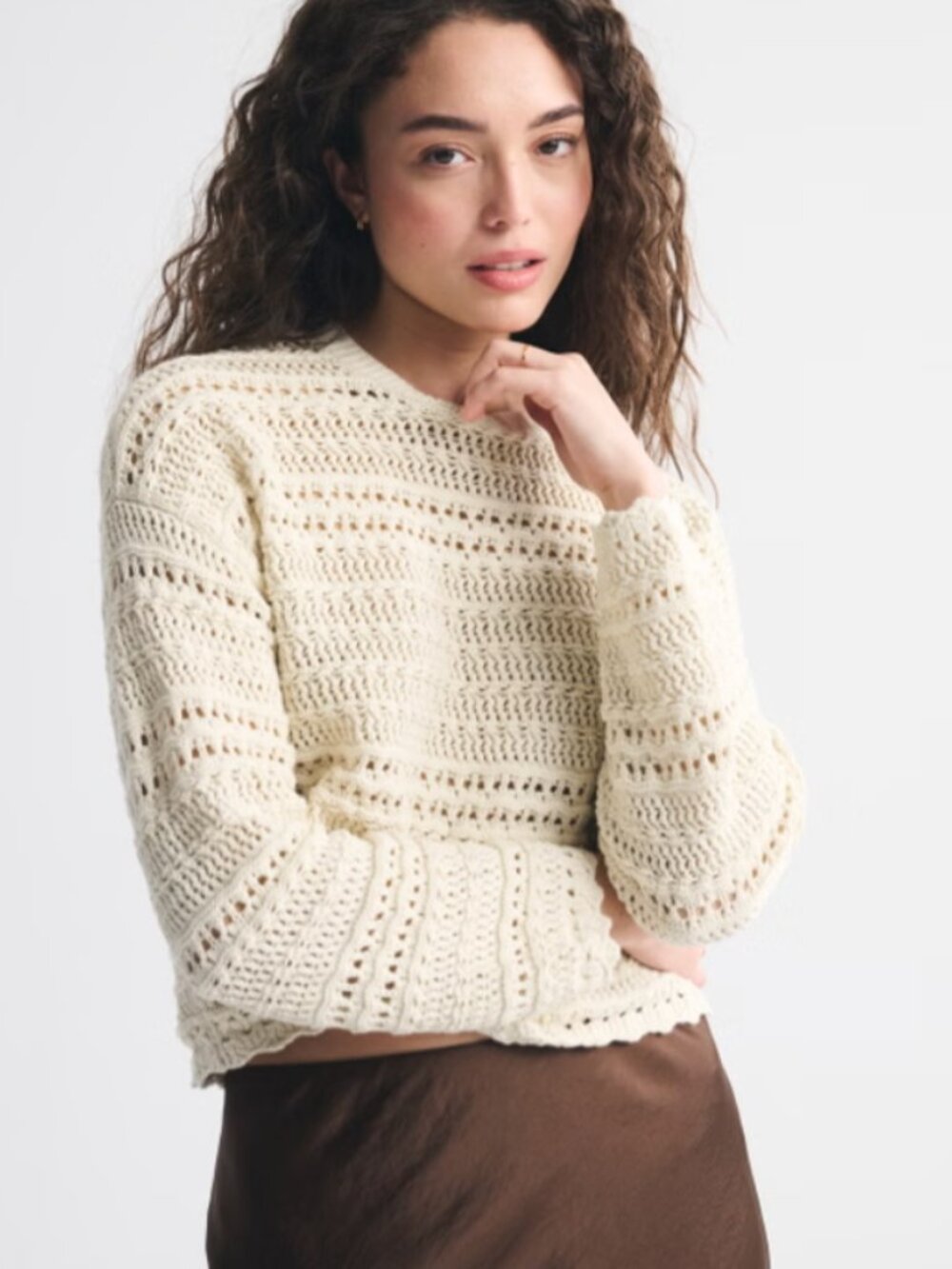 NWT Abercrombie & Fitch Textural Open-Stitch Crew Sweater 100% Cotton Cream M